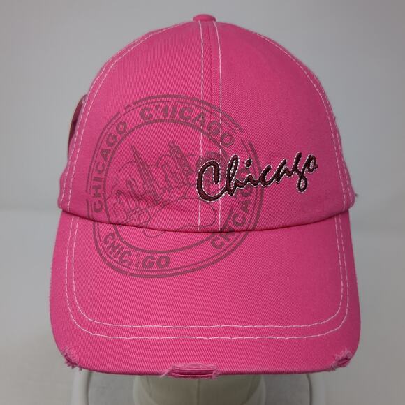 Chicago Strapback Baseball Cap Pink One Size Adjustable Embroidered Distressed - Picture 2 of 9